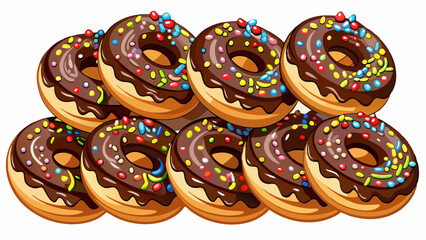 A row of chocolate donuts with sprinkles on top. The donuts are arranged in a neat row on a white background