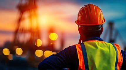 A worker in a hard hat observing an industrial sunset, highlighting safety and diligence in construction or engineering fields.