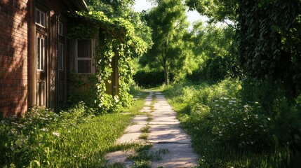 Fototapeta premium A path in a forest leads to a house with a door that is open. The house is surrounded by trees and bushes, and the path is overgrown with grass. The scene has a peaceful and serene atmosphere