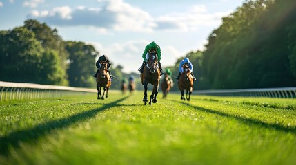 Fototapeta premium Exciting horse race captured in motion, showcasing the power and speed of thoroughbreds on a lush green track under a bright sky.