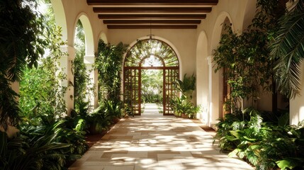 A large, open space with a lot of greenery and plants. The sunlight is shining through the arched doorway, creating a warm and inviting atmosphere