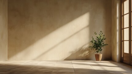 A large empty room with a plant in a vase. The room is very plain and empty, with no furniture or decorations