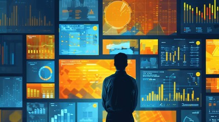Person Analyzing Data on Multiple Screens in Vibrant Visualization.