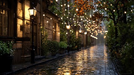 Fototapeta premium A street scene with lights on the street and a tree in the background. Scene is warm and inviting
