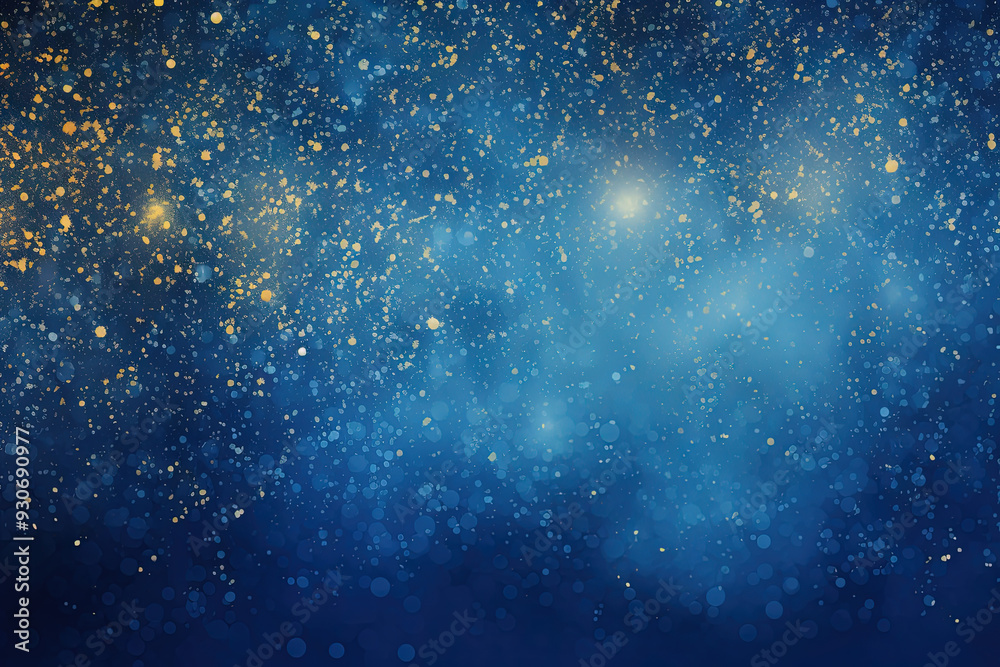 Poster blue background with silver and gold snowflake particles and blurred bokeh sparkles