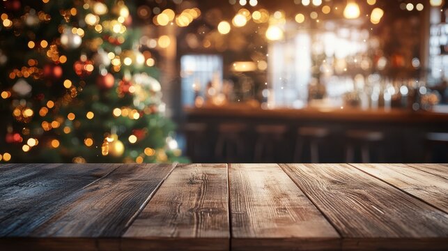 mesa de madera a modo de mostrador de productos, arbol de navidad y decoraciones navide&Atilde;&plusmn;as con fondo de bar o restaurante desenfocado con bokeh dorado. Concepto fondos navide&Atilde;&plusmn;os