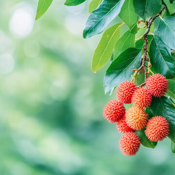 A bunch of red fruit hanging from a tree. The fruit is ripe and ready to be picked