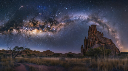 In the tranquil night, the Milky Way spans the sky, the majestic mountain range stands out clearly in the starlight, a meteor streaks across the night sky, disappearing on the horizon, a serene, myste