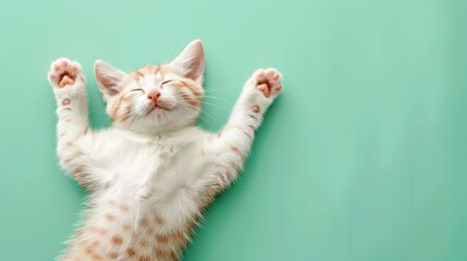 A cute orange tabby cat stretches joyfully on a mint green background, showcasing its playful and relaxed demeanor.