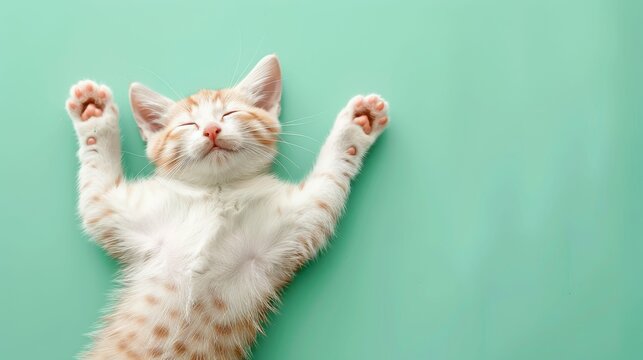 A cute orange tabby cat stretches joyfully on a mint green background, showcasing its playful and relaxed demeanor.