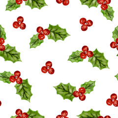 Christmas red holly berries and green leaves seamless pattern watercolor vector background 