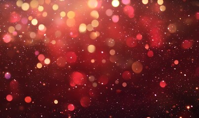 Festive red bokeh lights abstract background. Blurred shiny glitter particles backdrop. Defocused light. Holiday sparkle effect. Magical and dreamy. New Year and Christmas