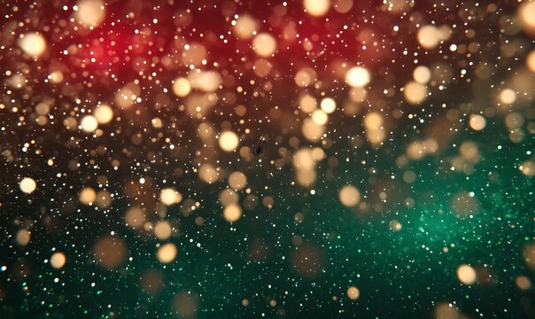 Green and red bokeh lights abstract background. Blurred shiny glitter particles backdrop. Defocused light. Holiday sparkle effect. Magical and dreamy. New Year and Christmas