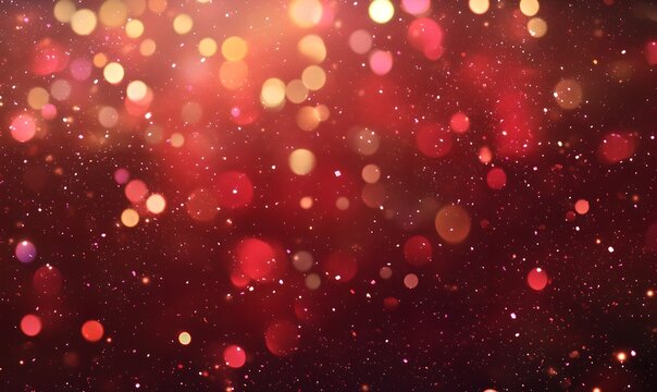  Festive red bokeh lights abstract background. Blurred shiny glitter particles backdrop. Defocused light. Holiday sparkle effect. Magical and dreamy. New Year and Christmas