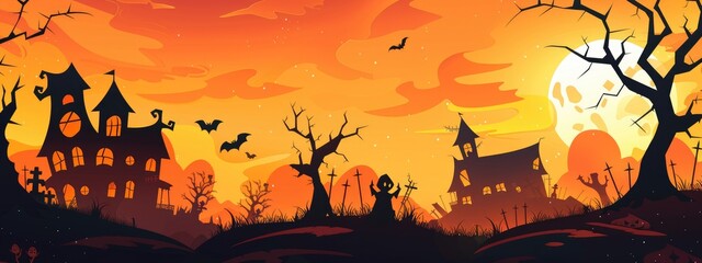 Halloween night background with a silhouette of a haunted house, full moon and spooky trees on an orange sky black silhouettes of buildings, trees leaves, bats flying in the air, halloween wall design