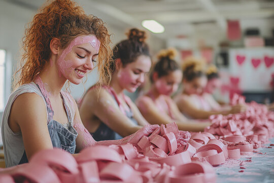 Women crafting pink ribbon pottery in supportive art class
