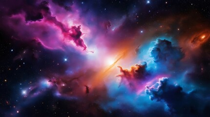Fototapeta premium A vibrant, colorful space galaxy featuring swirling clouds of nebulae in vivid hues of purple, blue, pink, and orange