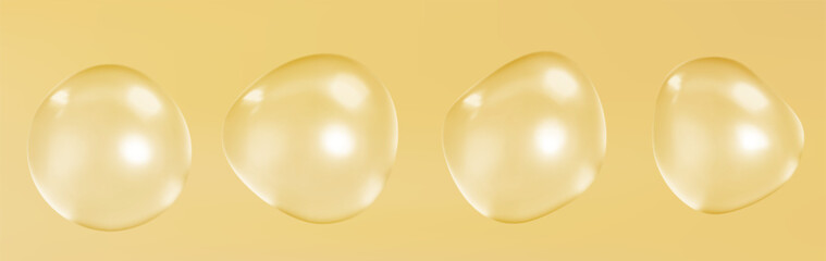 Gold collagen background, oil lab 3D peptide molecule background, jojoba cosmetic science banner. Yellow liquid bubble, vector skin care vitamin medical poster.