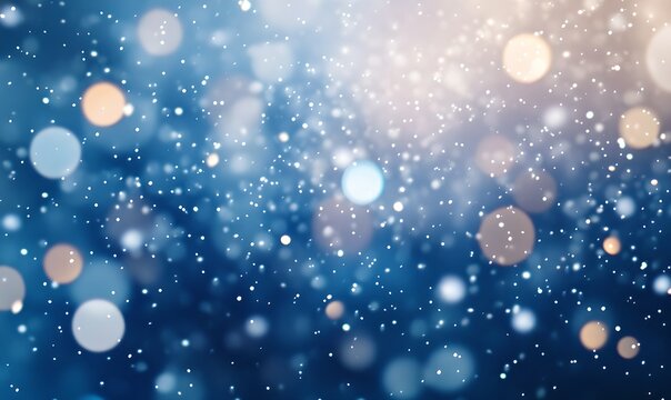 Fototapeta  Winter blue bokeh lights abstract background. Blurred shiny glitter particles backdrop. Defocused light. Holiday snow effect. Magical and dreamy. New Year and Christmas.