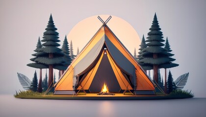 Camping tent design. Minimalist Tent Icon - simple bold icon of a classic A-frame tent pitched in the forest background. Graphic art illustration