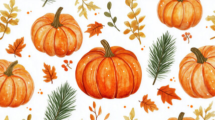Watercolor illustration of pumpkins, leaves, and pine branches on a white background.