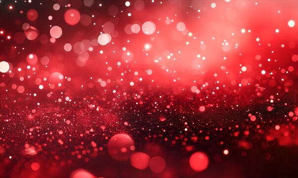 Festive red bokeh lights abstract background. Blurred shiny glitter particles backdrop. Defocused light. Holiday sparkle effect. Magical and dreamy. New Year and Christmas
