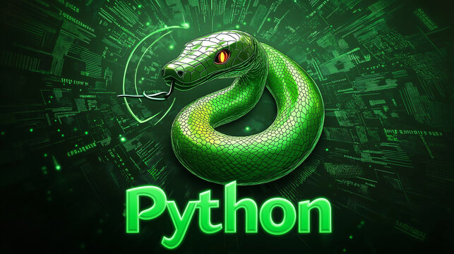A green snake with red eyes wraps around the word Python on a green digital background.