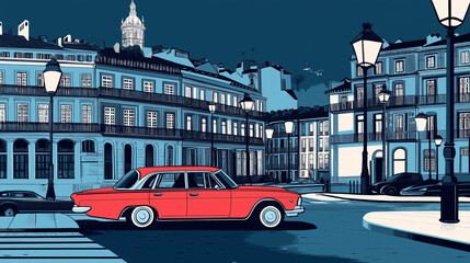 Obraz premium Classic red car driving through city streets at dusk.