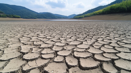 Fototapeta premium Cracked dry earth of a dried up lake bed with hills in the distance.