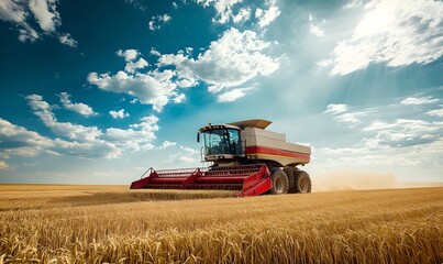 Fototapeta premium Combine harvester working in wheat field under cloudy sky. Agriculture machinery harvesting crops. Farming industry concept. Agricultural equipment