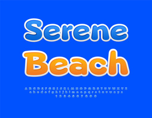 Vector travel advertisement Serene Beach. Blue Sticker Font. Bright Alphabet Letters and Numbers set.
