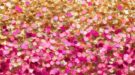 Obraz premium A close-up of pink and gold glitter confetti creating a sparkly and festive background.