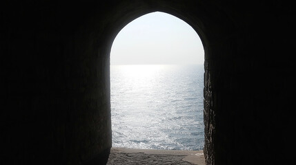 Stone archway reveals a sparkling ocean view.