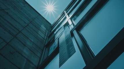 Obraz premium A striking architectural view showcasing modern glass and concrete design under a sunlit sky, emphasizing symmetry and light.