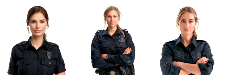 A set of European policewoman isolated on white or transparent background. Policewoman in special uniform looking at camera close-up.