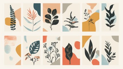 Naklejka premium set of abstract botanical paintings illustrations for printing in calm pleasant colors