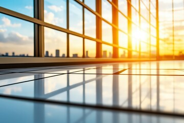 Fototapeta premium A stunning sunset view from a modern office interior, showcasing golden hues reflecting off glass windows and tiled flooring.