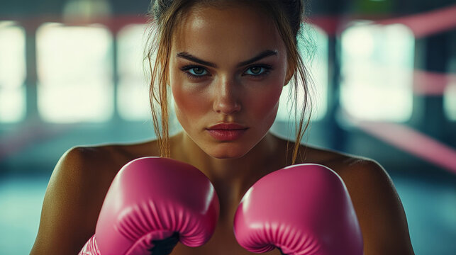 Determined woman with pink wraps in boxing ring fighting breast cancer
- Powered by Adobe