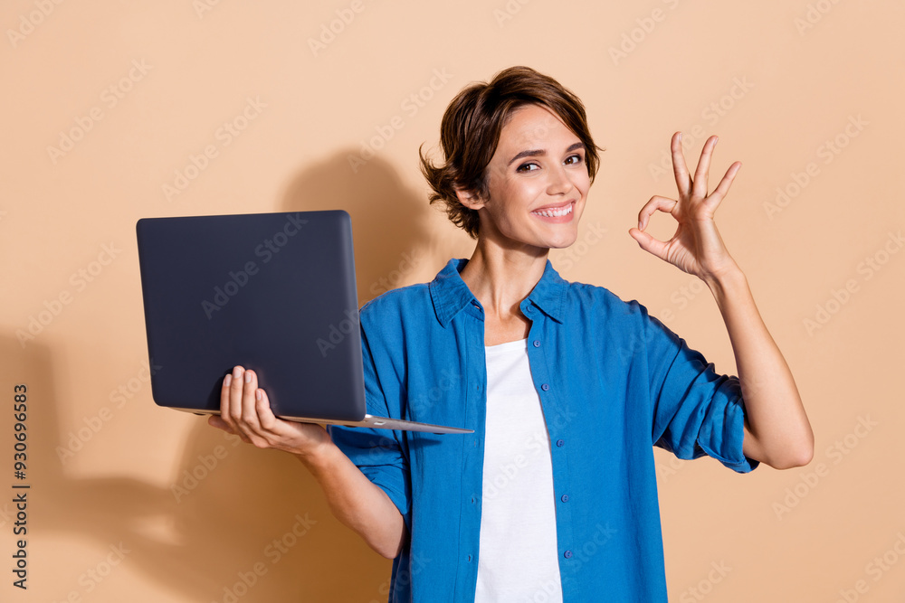 Poster photo of attractive lady in office working as professional system administrator engineer okey symbol