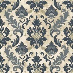 Classic Damask Wallpaper with Intricate Floral Patterns in Blue and Cream for a Timeless and Elegant Look