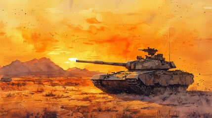 Watercolor tank in a desert at sunrise, with warm, golden hues.