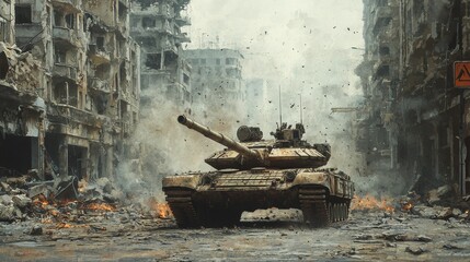 Watercolor tank in an urban battlefield, with crumbling buildings and debris.