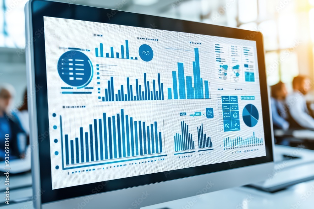 Poster Close-up of a computer screen displaying detailed business analytics and financial data visualizations for effective decision-making.