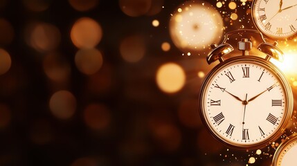 Close-up of vintage alarm clocks against a shimmering bokeh background, symbolizing the passage of time and nostalgia.