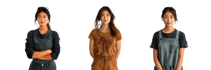 A set of Asian woman furniture assembler isolated on white or transparent background. Close-up of furniture assembler in special uniform.