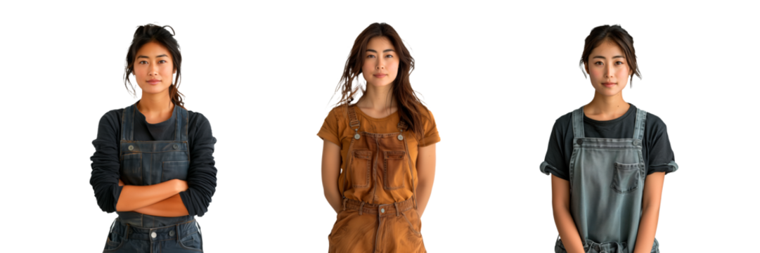 A set of Asian woman furniture assembler isolated on white or transparent background. Close-up of furniture assembler in special uniform.