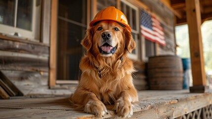 Labrador in construction helmet 