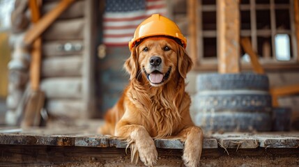 Labrador in construction helmet on the porch