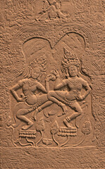 Pillar Fragment with Dancing Apsaras Cambodia, Ankor Period, Kmer style of Babylon, late 12th-13th century, carved stone