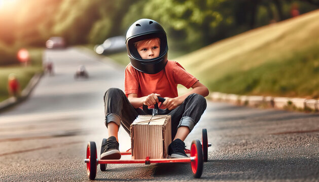 Young boy kid participating in a competitive soapbox derby race. He's behind the wheel of his homemade racer, speeding down a steep hill with determination and a thrill for speed 4